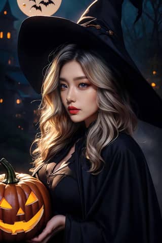 woman in a witch costume holding a pumpkin