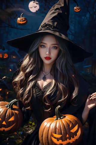 woman in a witch costume holding pumpkins