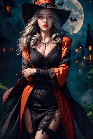 woman in a witch costume standing in front of a full moon