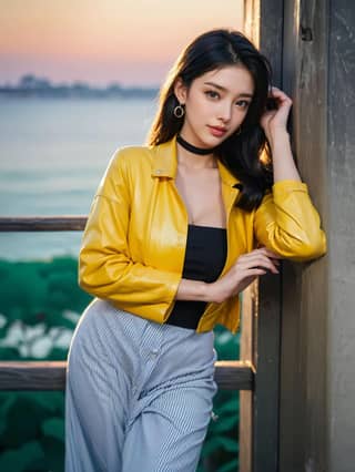 woman in yellow jacket leaning against a railing