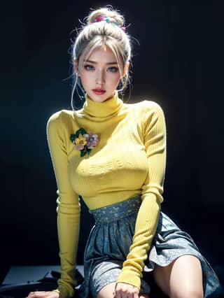 woman in a yellow turtle neck sweater