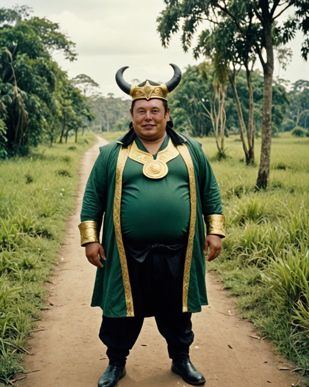 Vestido como Thor en un traje verde y dorado.