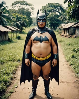 Un Batman grasso in un costume da Batman.