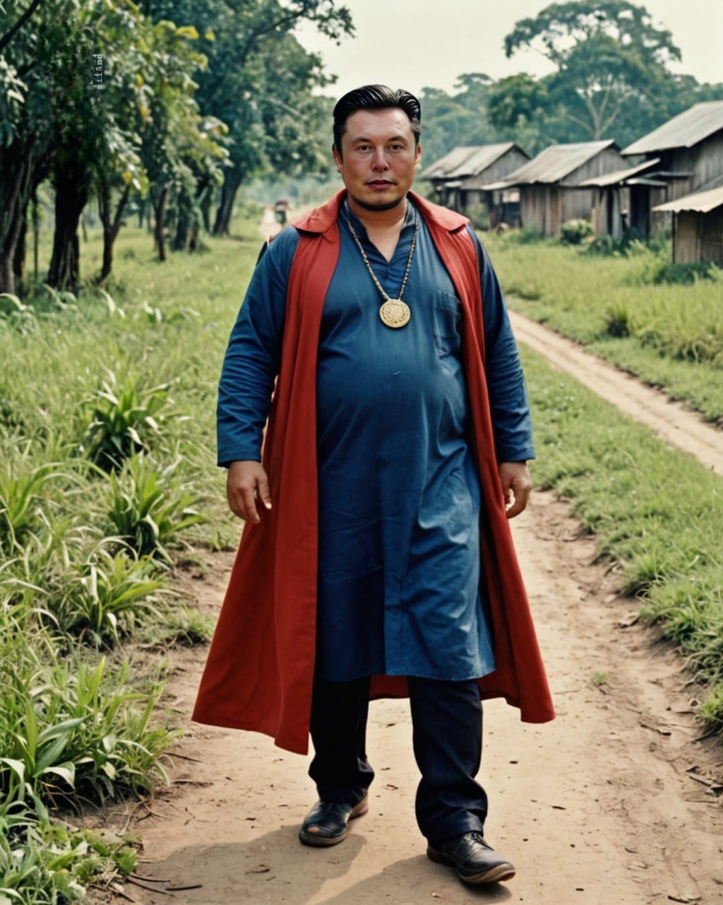 Une personne en manteau rouge et chemise bleue marche le long d'un chemin en terre.