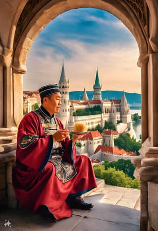 Eine Person in traditioneller Kleidung sitzt auf einem Vorsprung mit Blick auf die Stadt.