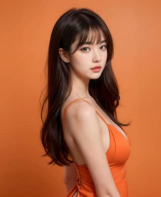 in an orange dress