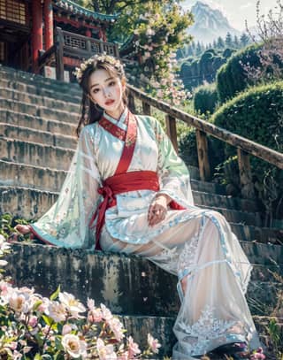 beautiful chinese woman in traditional dress sitting on steps