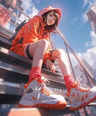 a girl in orange sneakers sitting on some stairs