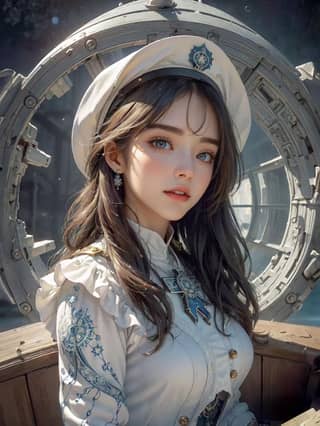 a girl in a sailor hat and white dress