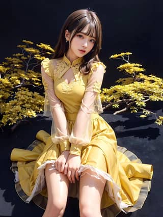 a girl in yellow dress sitting on a rock