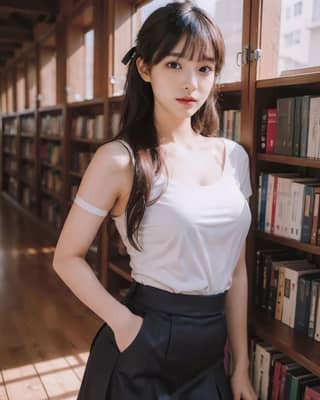 in a library wearing a white top