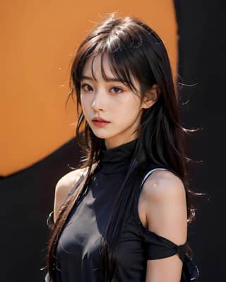 with long black hair and a black top