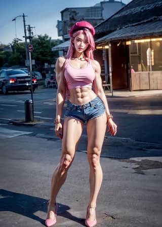 with pink hair and pink top posing on the street