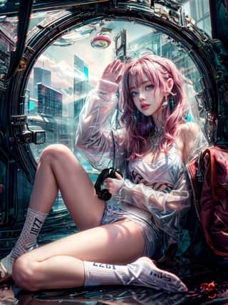 with pink hair sitting in a futuristic city