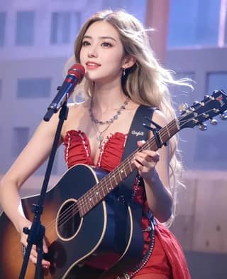 in a red dress playing an acoustic guitar