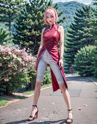 in a red dress posing on a road