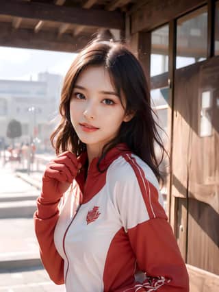 in a red and white jacket