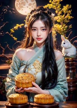 in a traditional chinese dress holding a cake