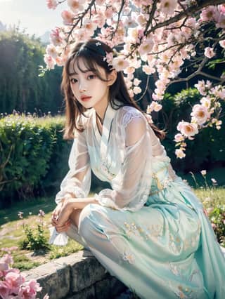 in a traditional chinese dress sitting on a stone wall