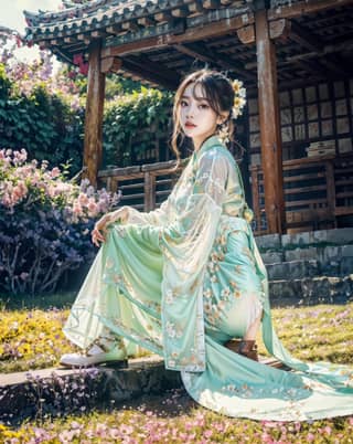 in a traditional dress sitting on a stone wall