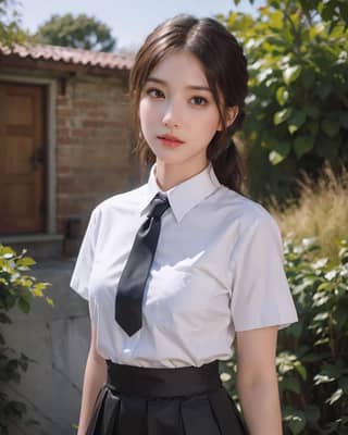 in a white shirt and black skirt