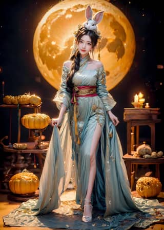 woman in a blue dress standing in front of a full moon