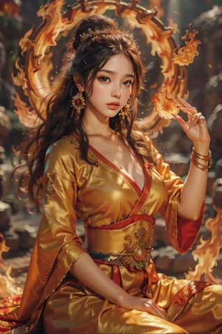 woman in a gold dress holding a fire