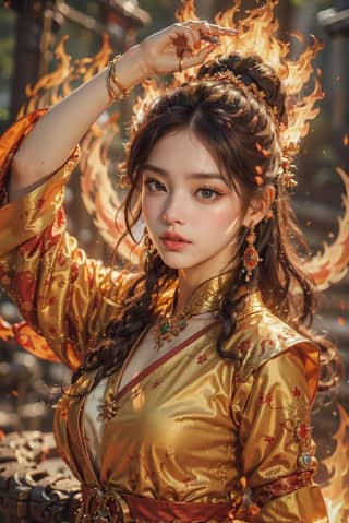 woman in a golden dress with fire flames