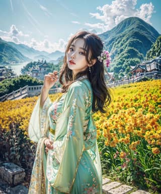 woman in a kimono standing in front of a field of flowers