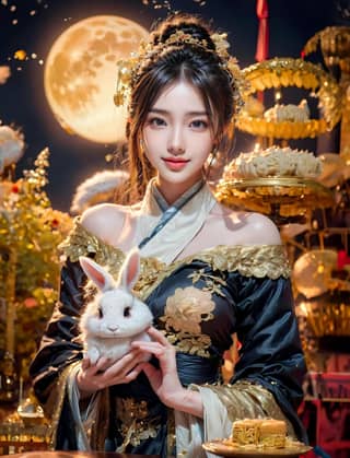 woman in traditional chinese dress holding a rabbit