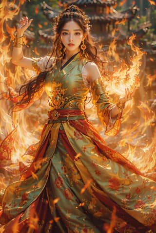 woman in a traditional chinese dress is holding a fire ball