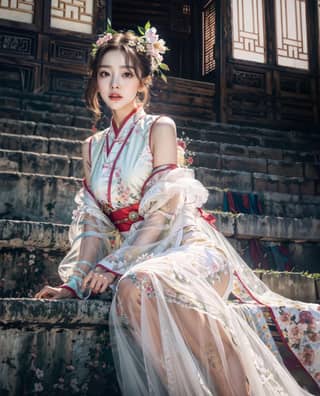 woman in traditional chinese dress sitting on steps