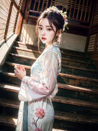 woman in a traditional chinese dress standing on the stairs