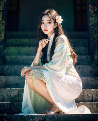 woman in a traditional kimono sitting on the steps