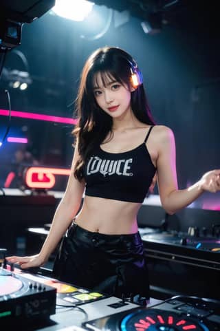 in a black top and headphones