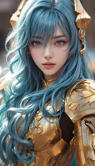 Fille aux cheveux bleus en armure dorée.