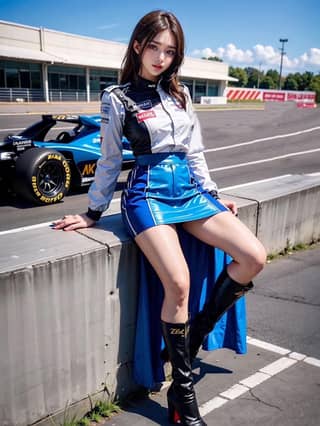 in a blue skirt and boots posing next to a racing car