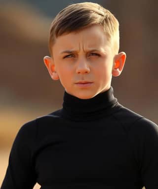 a boy in a black turtle neck shirt