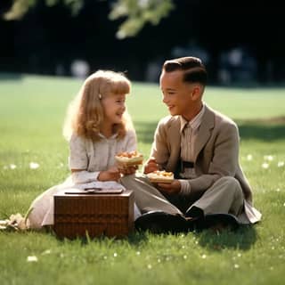 boy and girl sitting on the grass eating a picnic