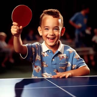 boy is smiling while holding a ping pong paddle