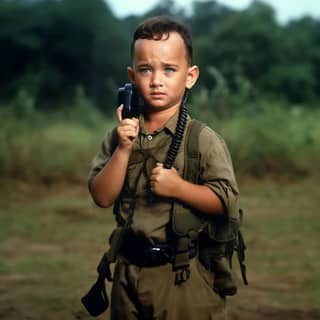 boy in a military uniform holding a gun