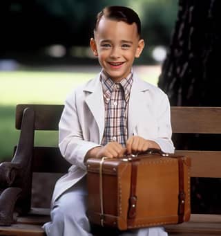 boy sitting on a bench with a suitcase