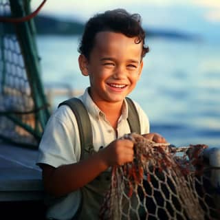 boy smiles while holding a net