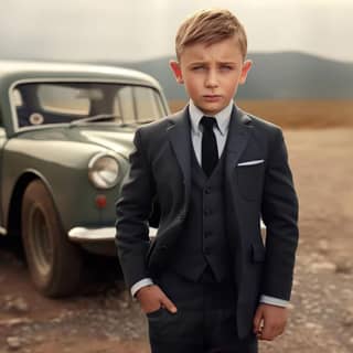 boy in a suit standing next to a classic car