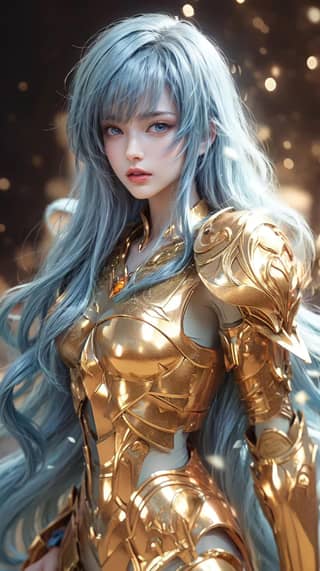 a female with long blue hair and golden armor