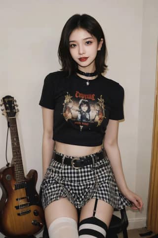 a girl in a black shirt and checkered skirt