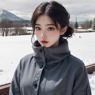 a girl in a grey coat standing on a snowy deck