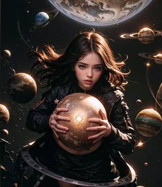 a girl holding a globe in front of planets