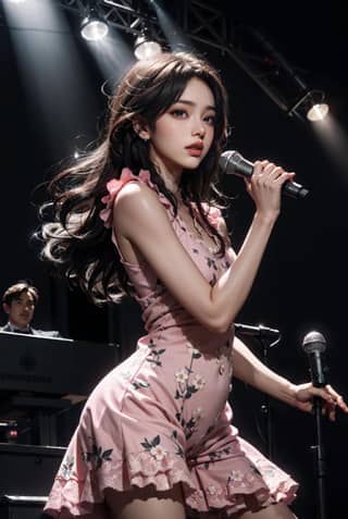 in a pink dress singing on stage