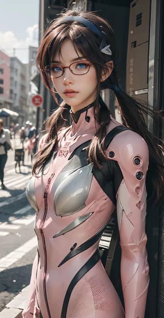 in a pink suit and glasses standing on a street